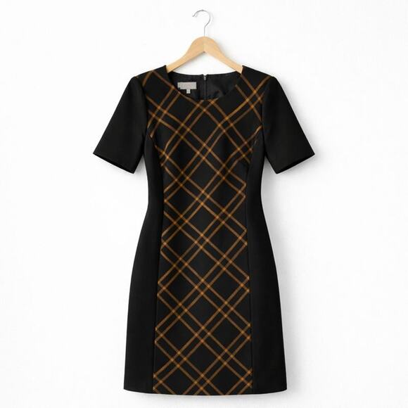 Hobbs London Dresses & Skirts - Hobbs London Mari Plaid Panel Shift Dress Black Camel Size 10 Career Tailored